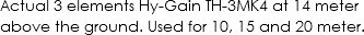 Actual 3 elements Hy-Gain TH-3MK4 at 14 meter above the ground. Used for 10, 15 and 20 meter.